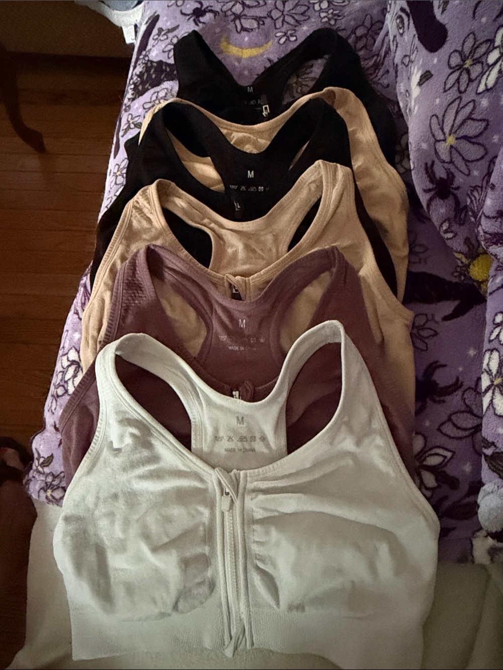 Front-Zip Racerback Sports Bra — White, Mauve, Taupe, Black qty 6
